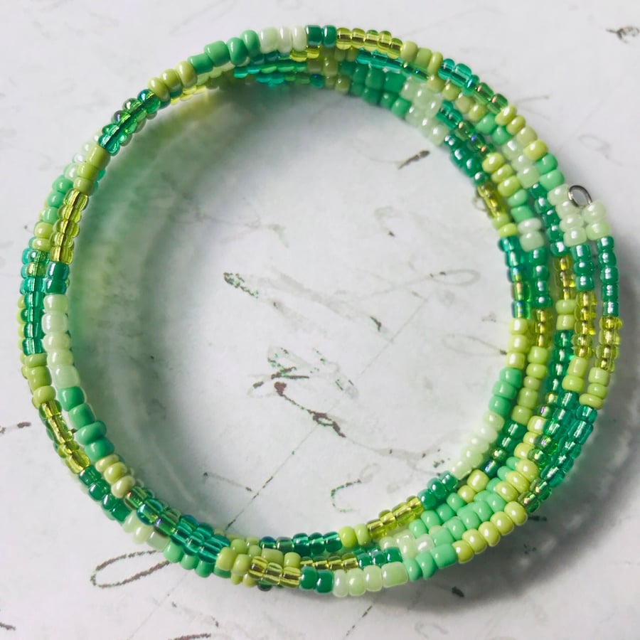 Multi Green Seed Beaded Memory Wire Bracelet