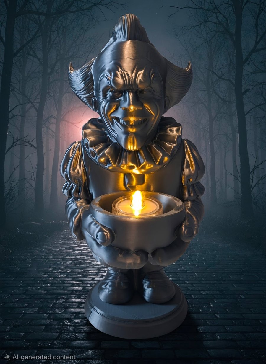 Creepy Silver Clown LED Candle Holder - 3D Printed Gothic Horror Decor
