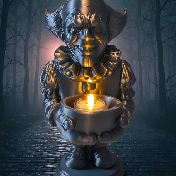 Creepy Silver Clown LED Candle Holder - 3D Printed Gothic Horror Decor
