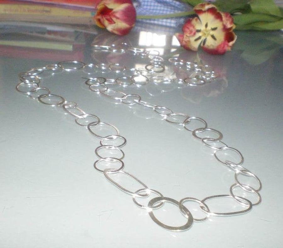 long sterling silver handmade chain with flat links