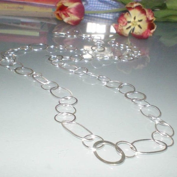 long sterling silver handmade chain with flat links