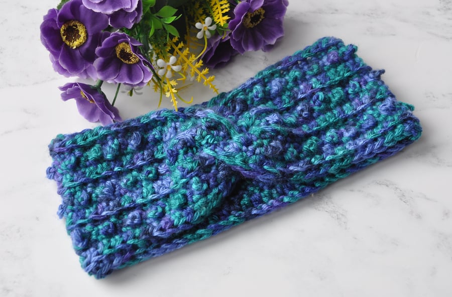 Crochet Twisted Headband Green Blue Purple Ear Warmer Twist Hand Crochet
