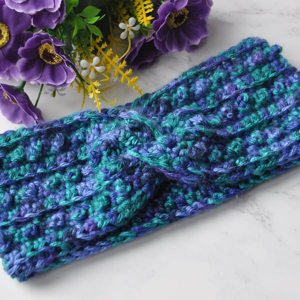 Crochet Twisted Headband Green Blue Purple Ear Warmer Twist Hand Crochet