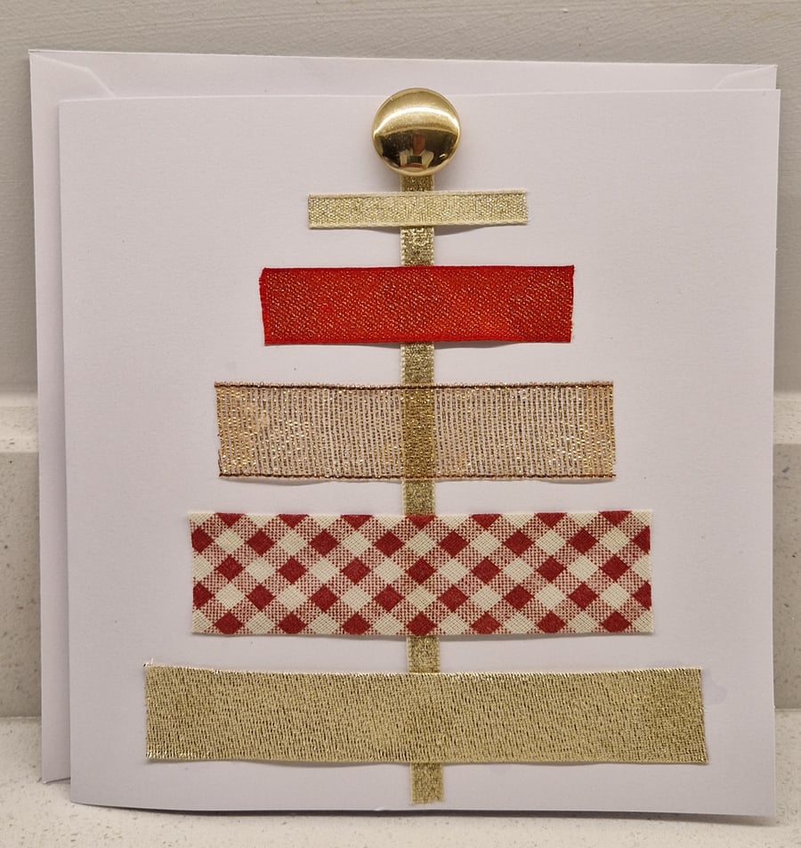 Christmas Tree Christmas card red & gold ribbons & gold button