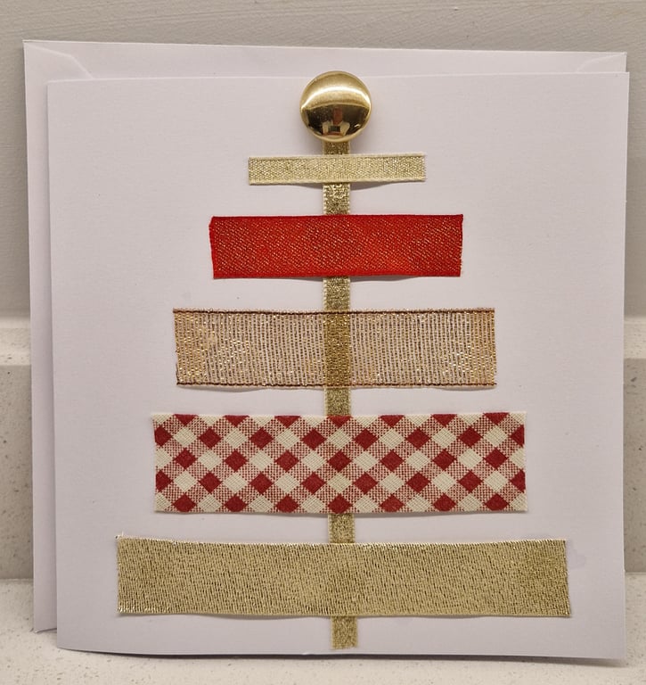 Christmas Tree Christmas card red & gold ribbons & gold button