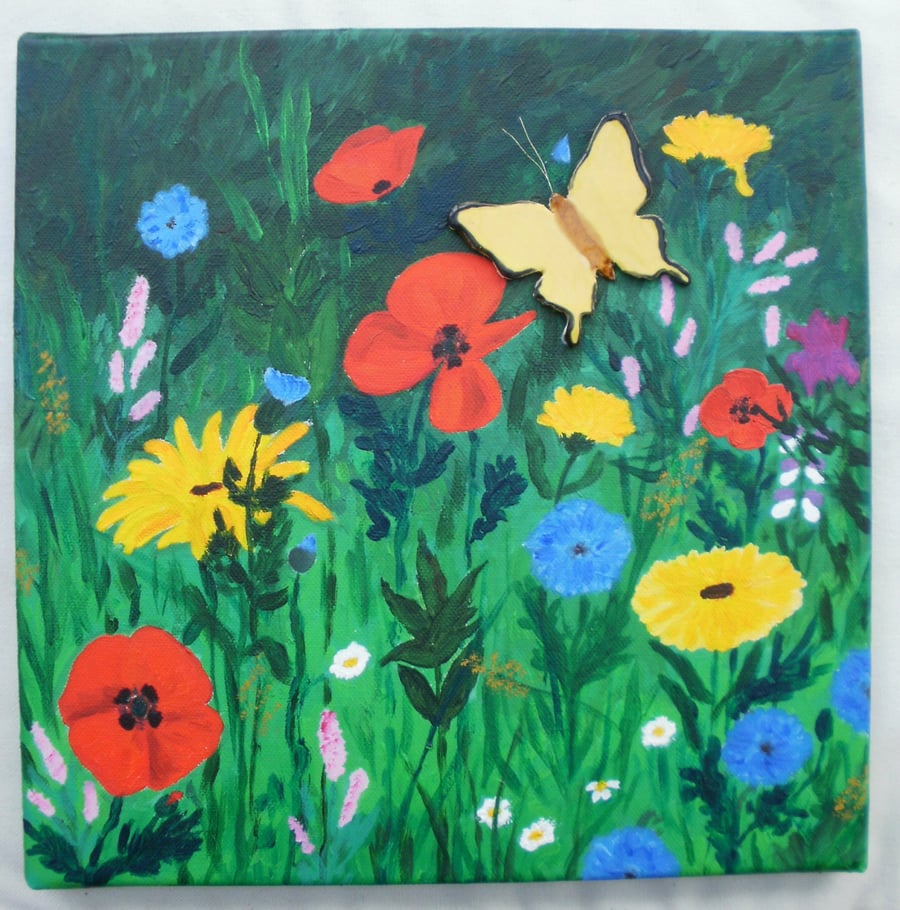 Wild flowers acrylic painting - Painting on cavas with poppies, daisies, 5t