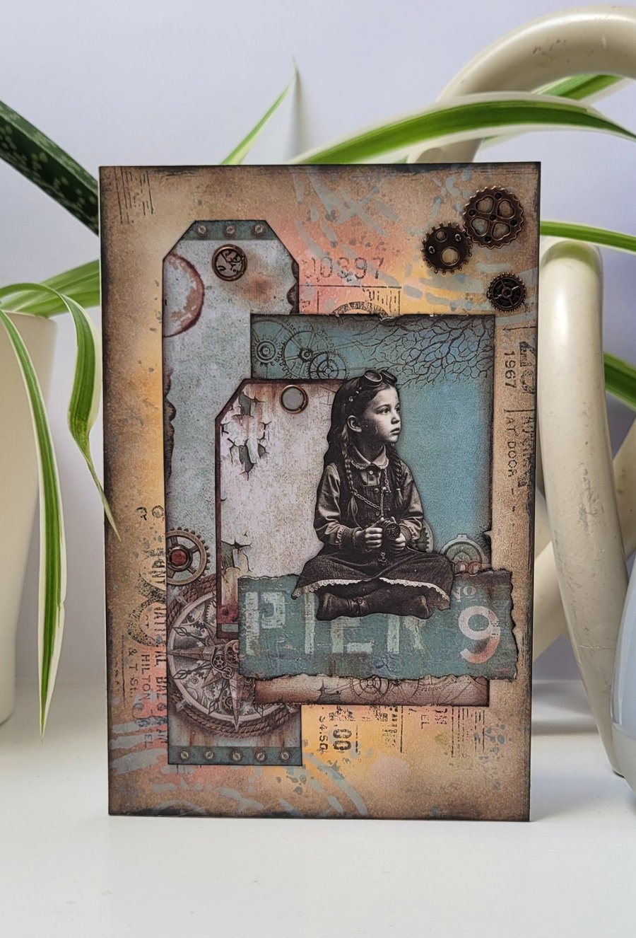 Small Art Greeting Card - Collage Mixed Media Nautical Steampunk Home Decor