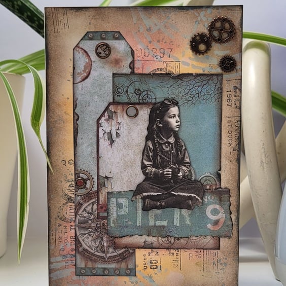 Small Art Greeting Card - Collage Mixed Media Nautical Steampunk Home Decor
