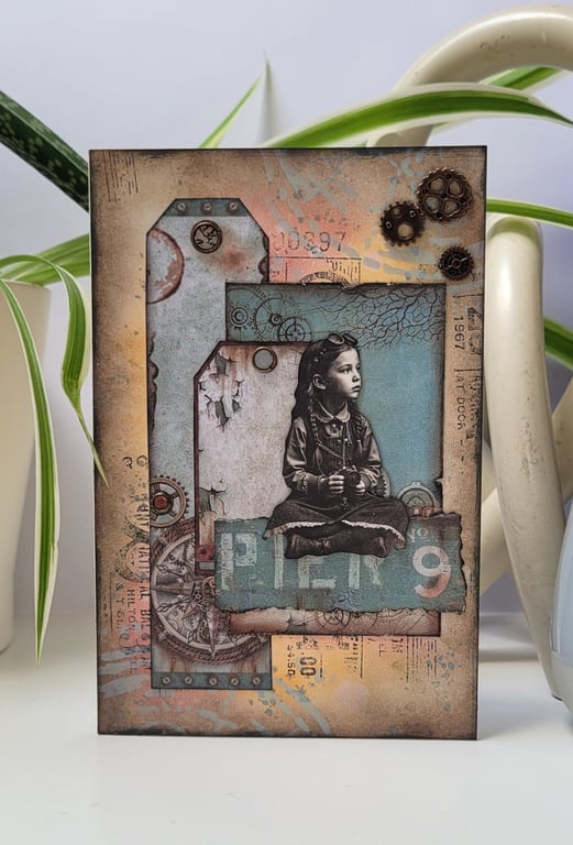 Small Art Greeting Card - Collage Mixed Media Nautical Steampunk Home Decor