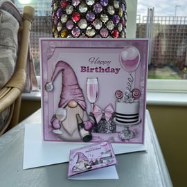 Gnome, cake and champers pretty pink birthday card