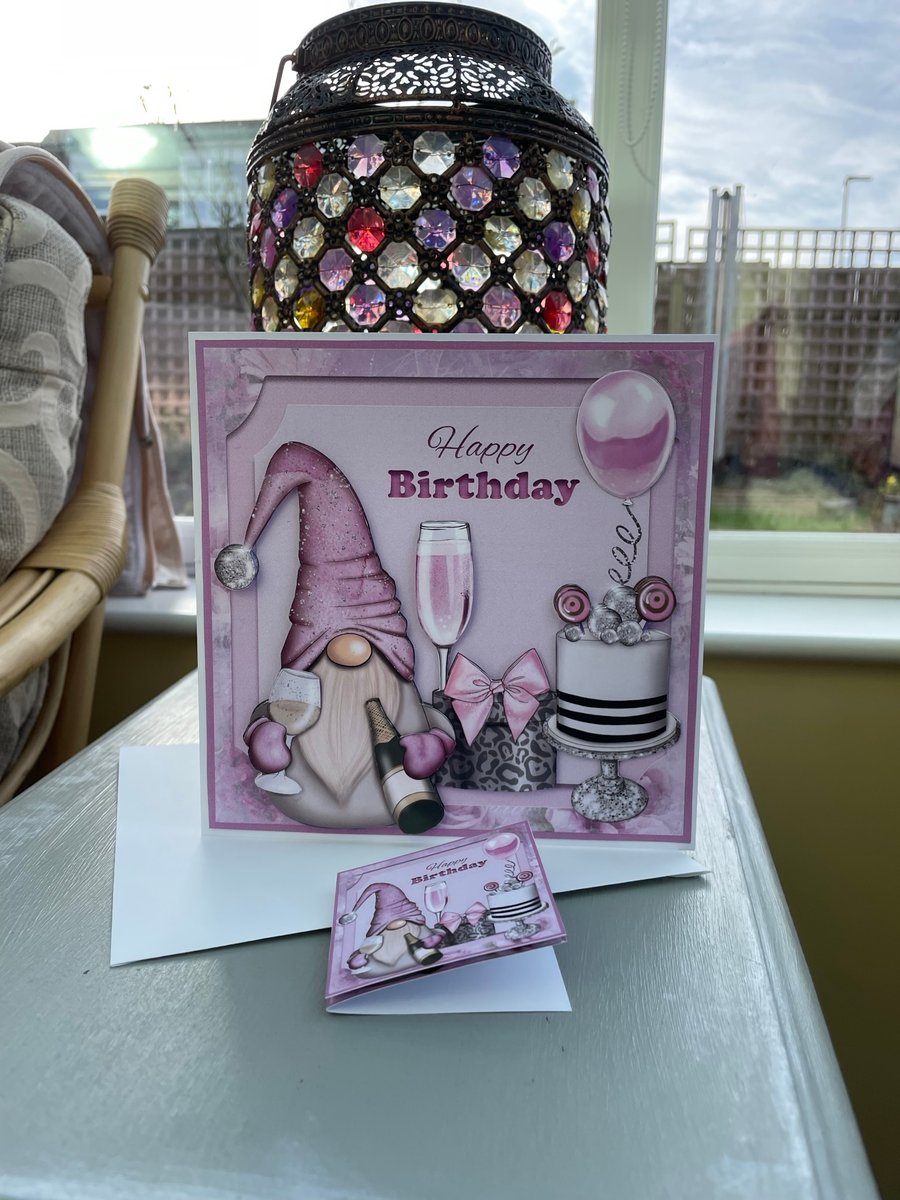Gnome, cake and champers pretty pink birthday card