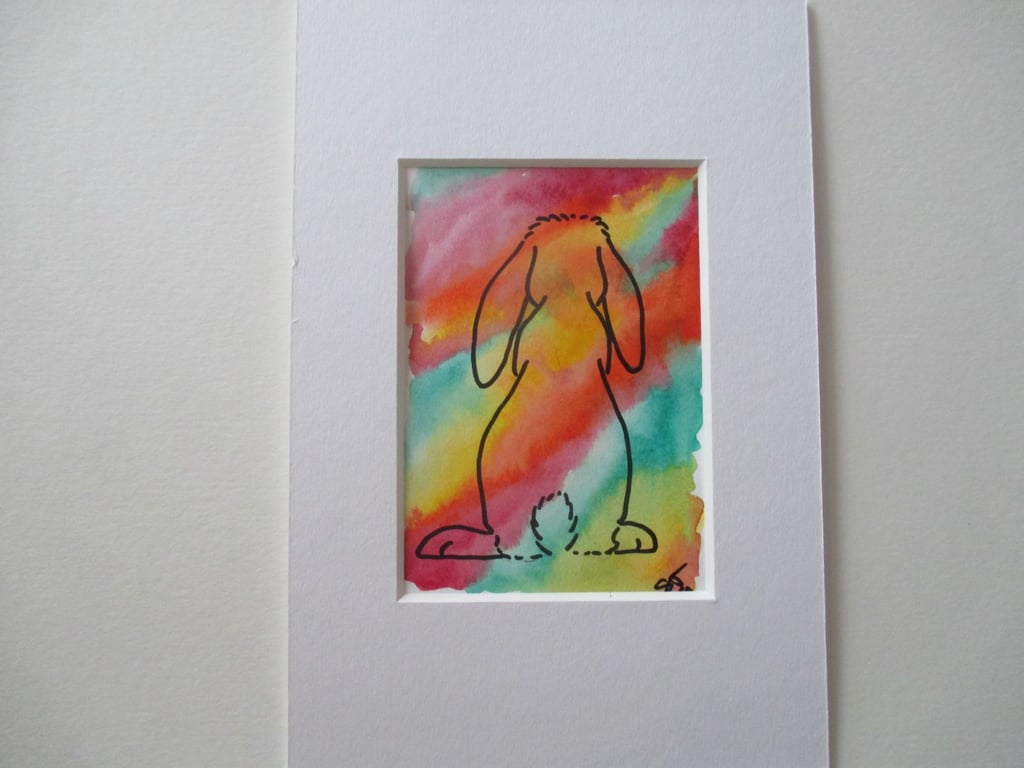 ACEO Bunny Rabbit Original Mixed Media Painting Art Picture Rainbow Memorial