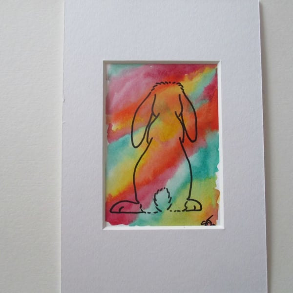 ACEO Bunny Rabbit Original Mixed Media Painting Art Picture Rainbow Memorial