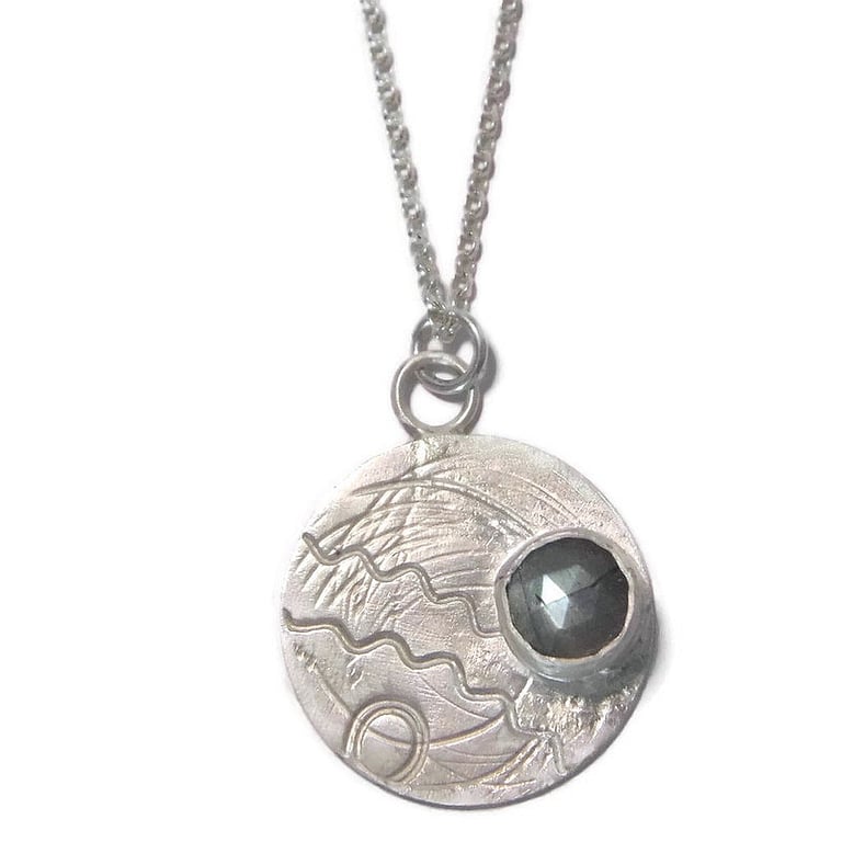Handmade Roller Printed Sterling Silver Disc Pendant with Rose Cut Labradorite 