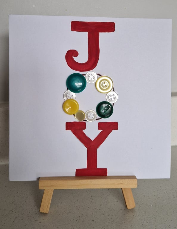 JOY Christmas card using colourful buttons & watercolours red green yellow