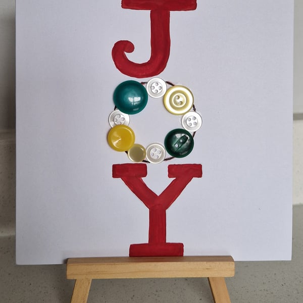 JOY Christmas card using colourful buttons & watercolours red green yellow