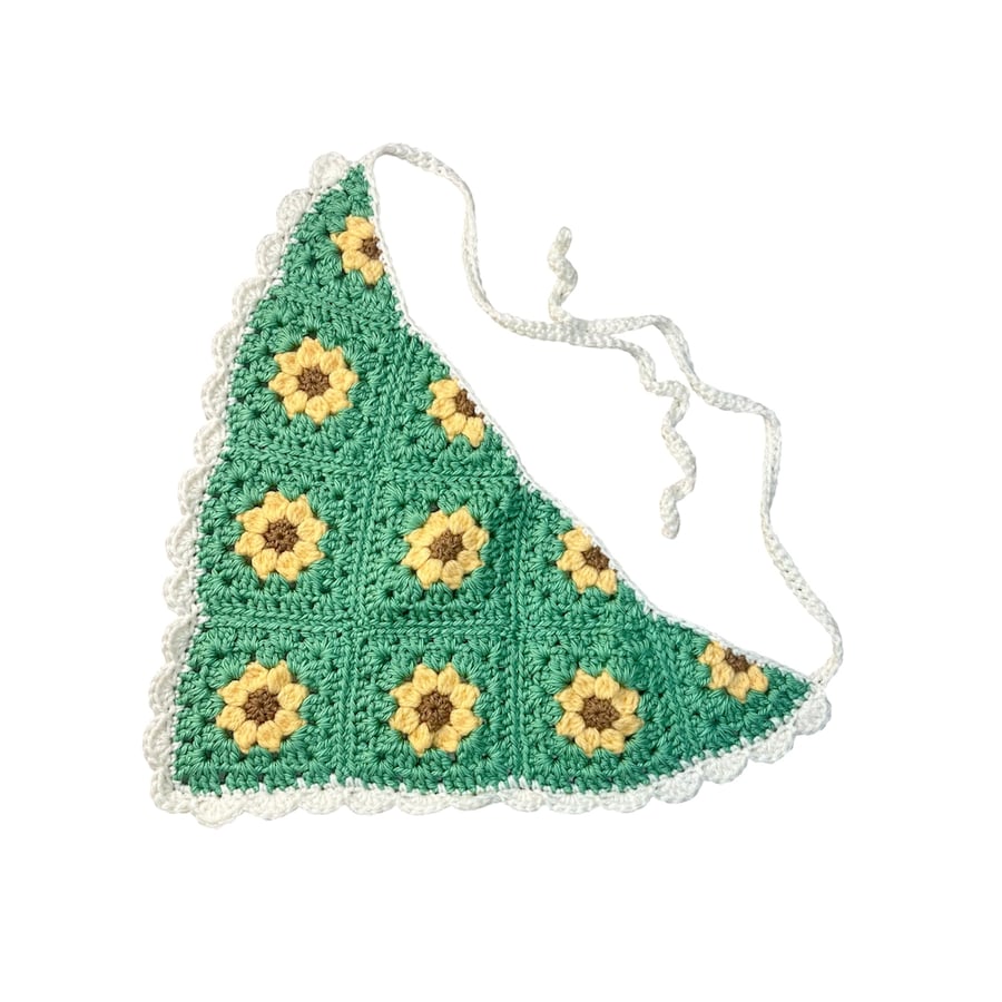 Handmade crochet sage green sunflower bandana boho style summer fashion 