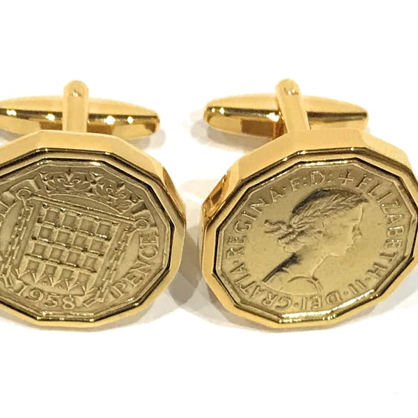 1958 Threepence 3d 66th birthday Cufflinks - Original 1958 threepence Cufflinks