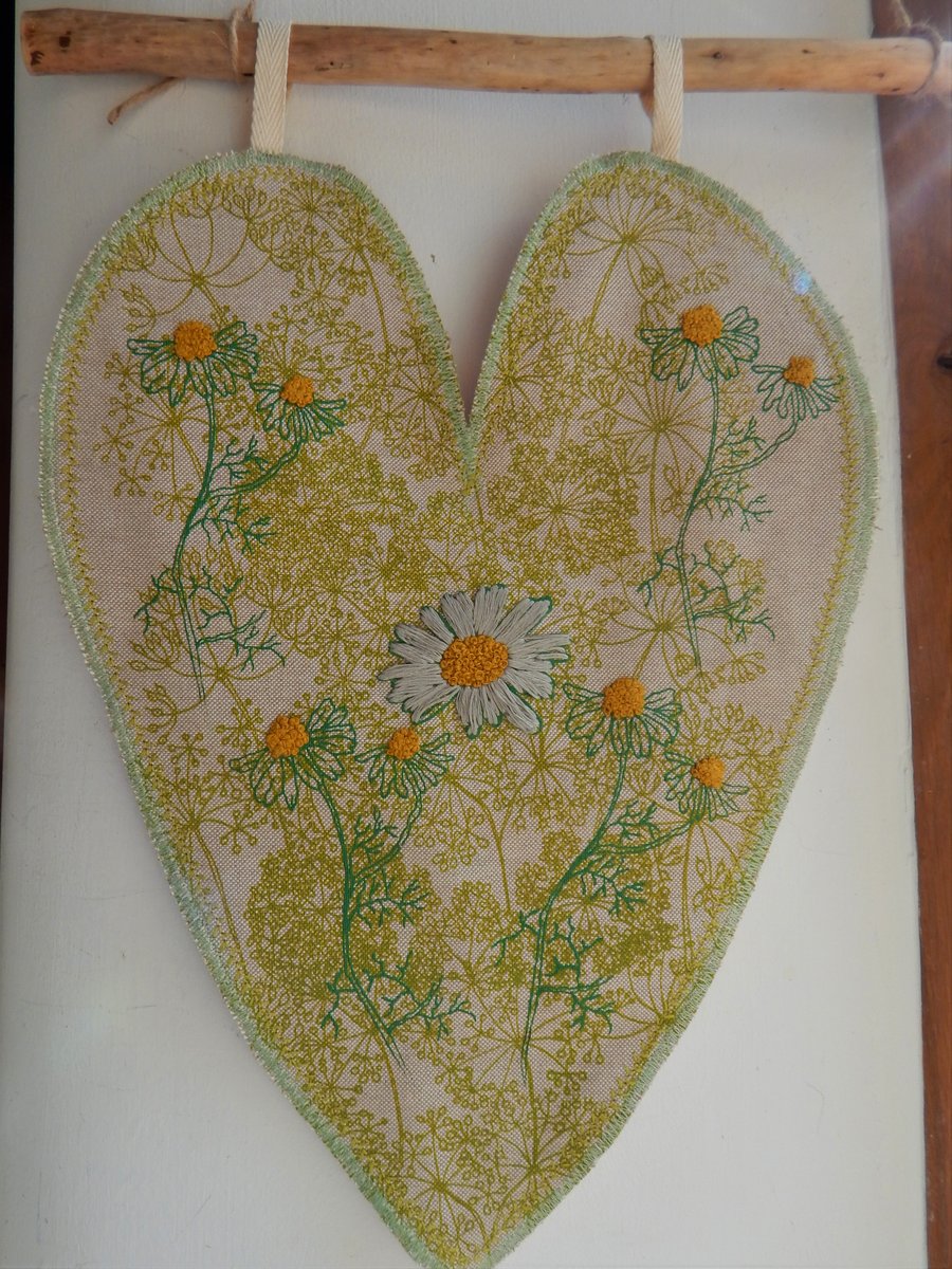 Large Hanging Heart - Screen printed with Cow Parsley and daisies  - 38cmx 28cm