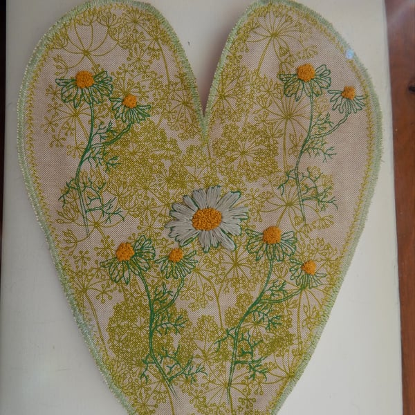 Large Hanging Heart - Screen printed with Cow Parsley and daisies  - 38cmx 28cm