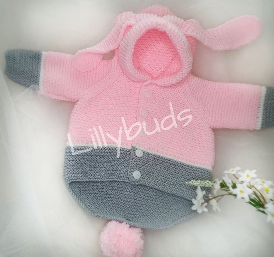 Knitting Pattern Bunny Hop.Jacket, hoody, cardigan for baby, child