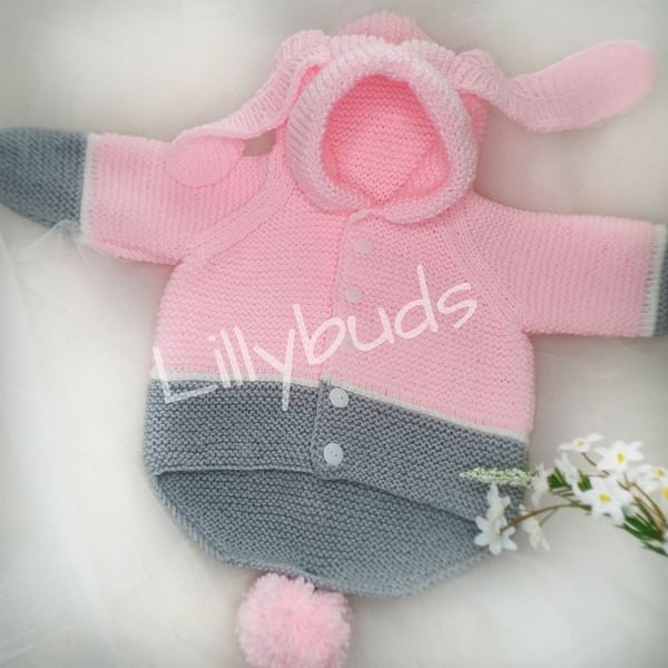 Knitting Pattern Bunny Hop.Jacket, hoody, cardigan for baby, child