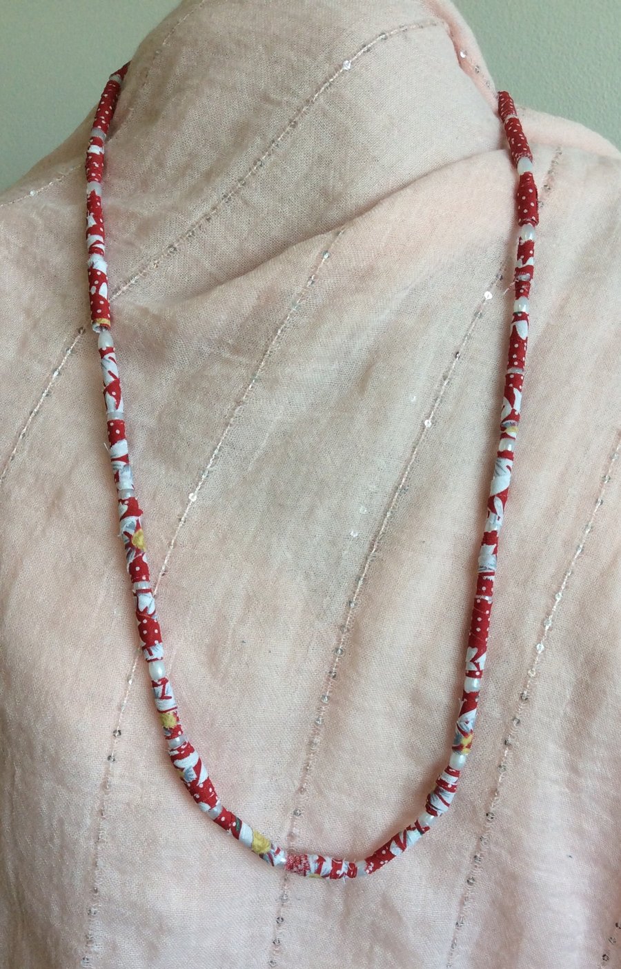Necklace, handmade red fabric  beads.