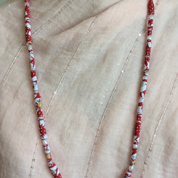 Necklace, handmade red fabric  beads.