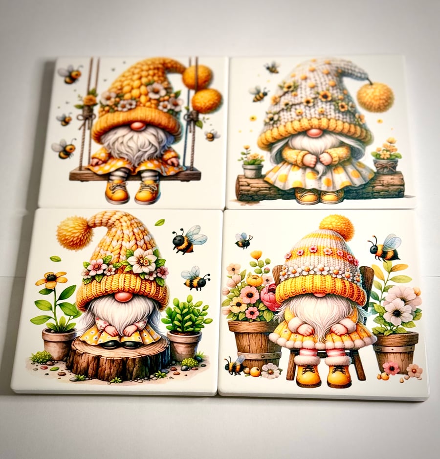 Set of Four Handmade Ceramic Gnome Coasters, Nordic, Gonk, Swedish Tomte