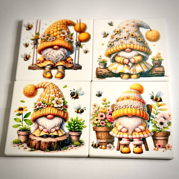 Set of Four Handmade Ceramic Gnome Coasters, Nordic, Gonk, Swedish Tomte