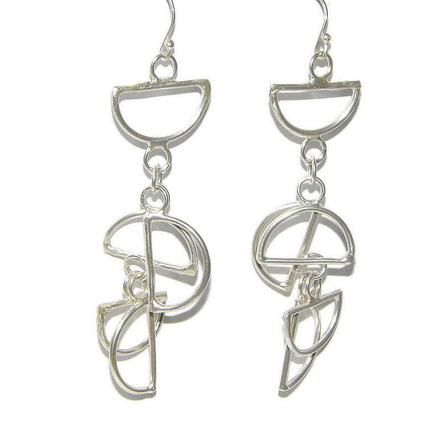 Long Sterling Silver Wire Semi-Circle Dangle Earrings - Handmade Jewellery 
