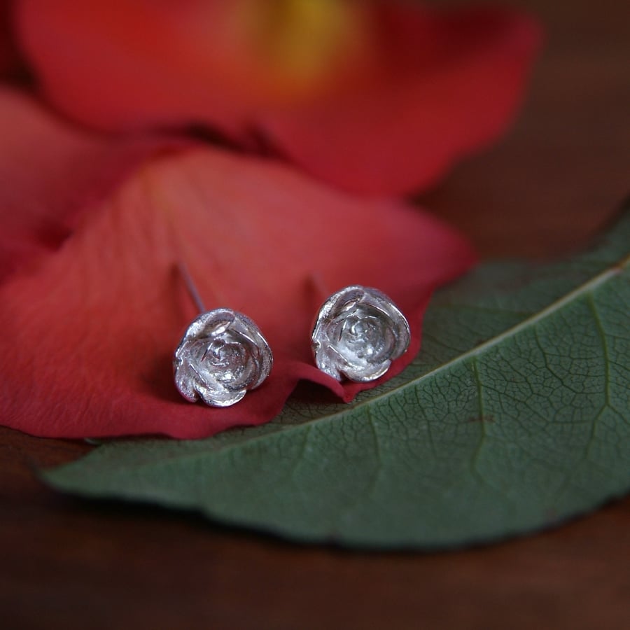 Rosebud Earrings, Silver Flower Studs, English Rose Bud, Handmade Jewellery