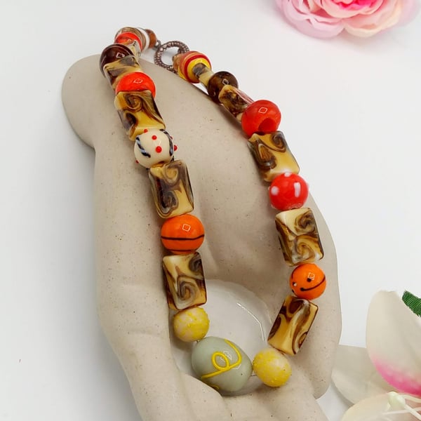 Brown Yellow and Orange Glass Bead Necklace, Orange Necklace, Gift for Her
