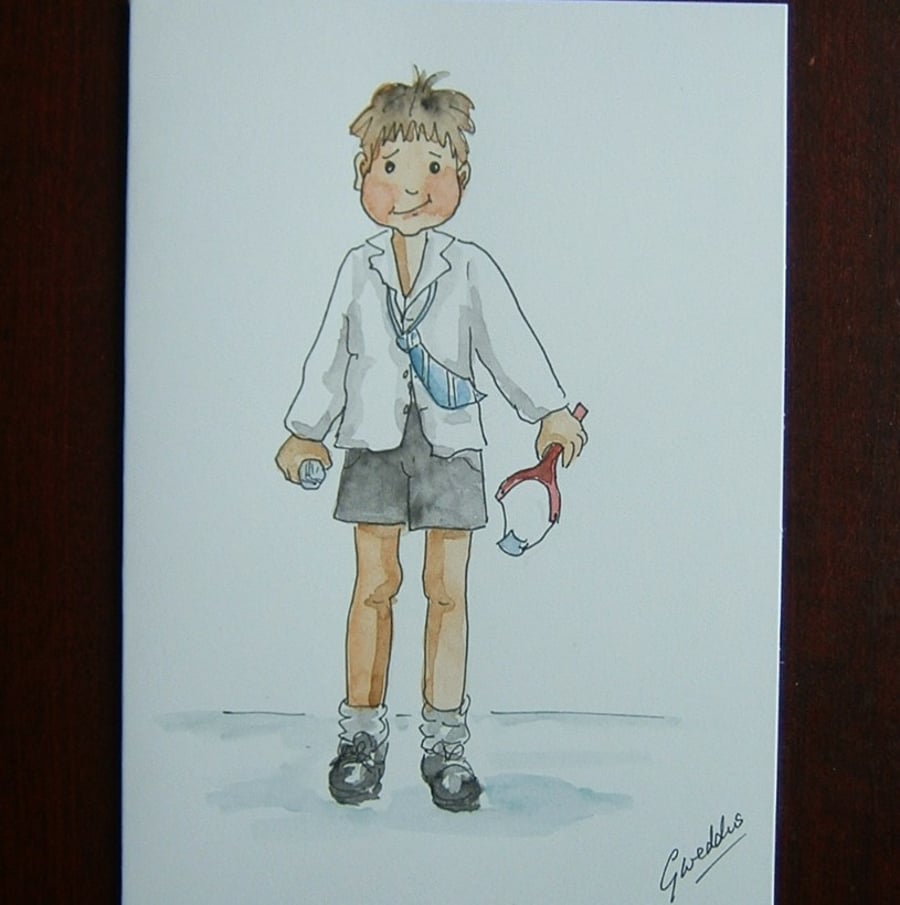 schoolboy cartoon blank greetings card art painting ref 712
