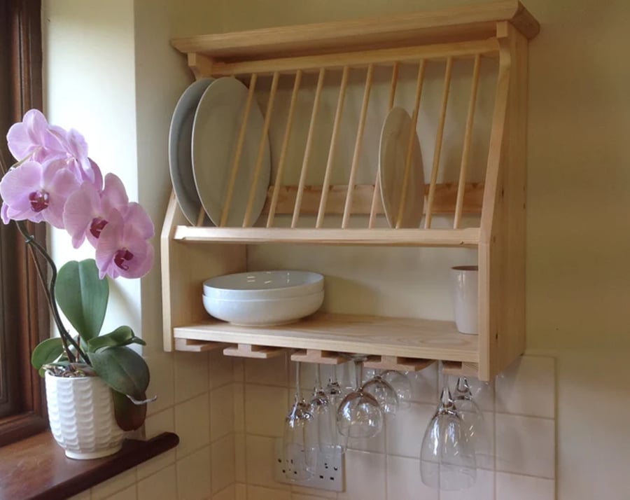 Handmade plate rack with optional wine glass storage.