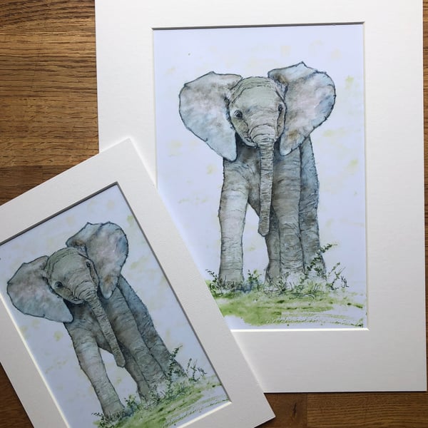 A4 or A3 mounted print of Elmo Elephant from original watercolour 