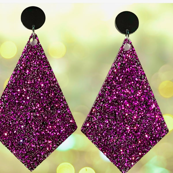 GLITTER RESIN KITE EARRINGS pink black disco cerise large