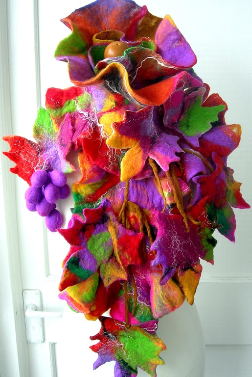 Hand Felted, Wool Jewelry scarf-100% WOOL MERINO-RED  VINE-