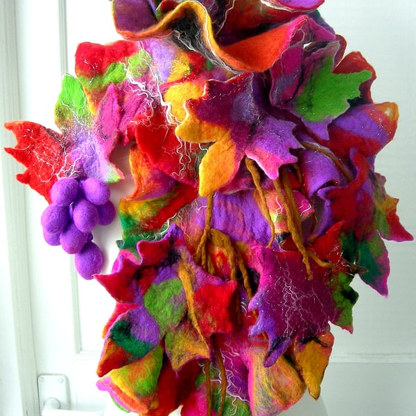 Hand Felted, Wool Jewelry scarf-100% WOOL MERINO-RED  VINE-