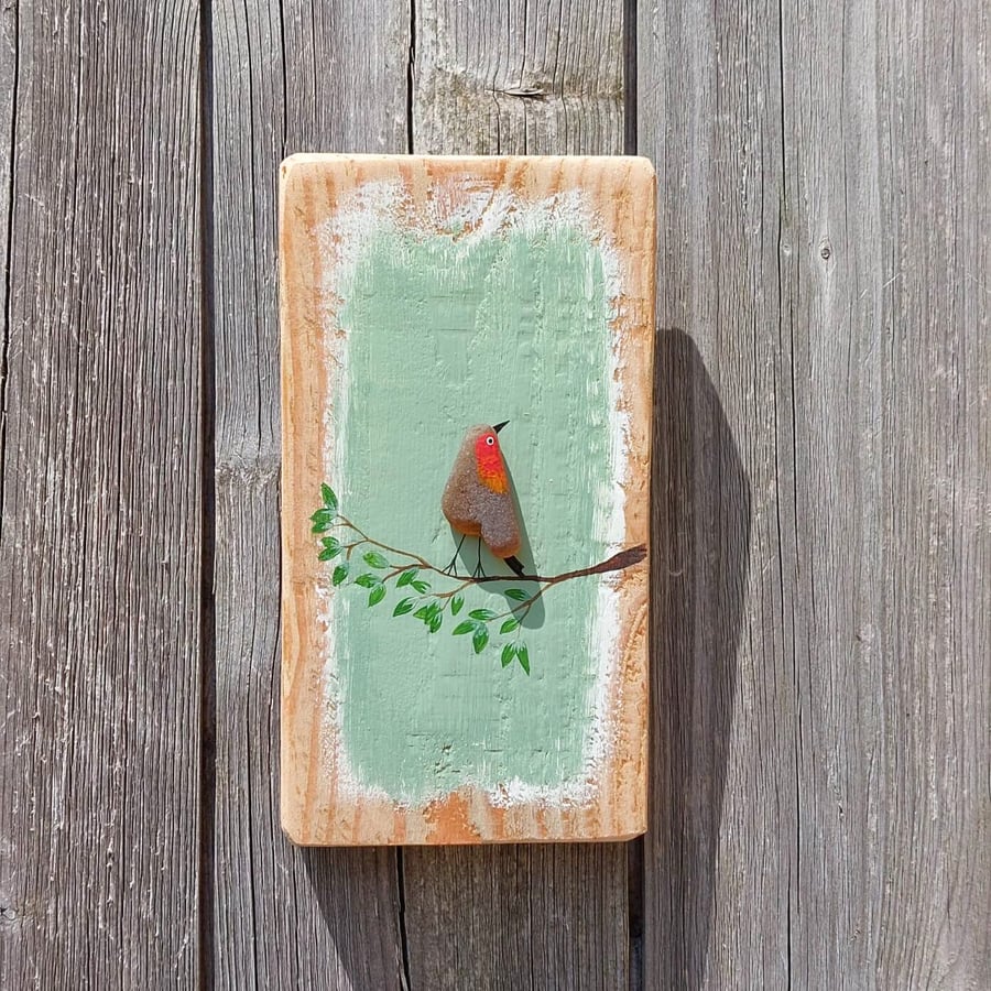 Handmade Sea Glass Robin Rustic Wall Art, Natural Décor, One-off Keepsake