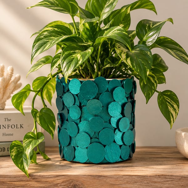 Teal Green Geometric Planter - Inbuilt Drainage – Handmade Statement Plant Pot