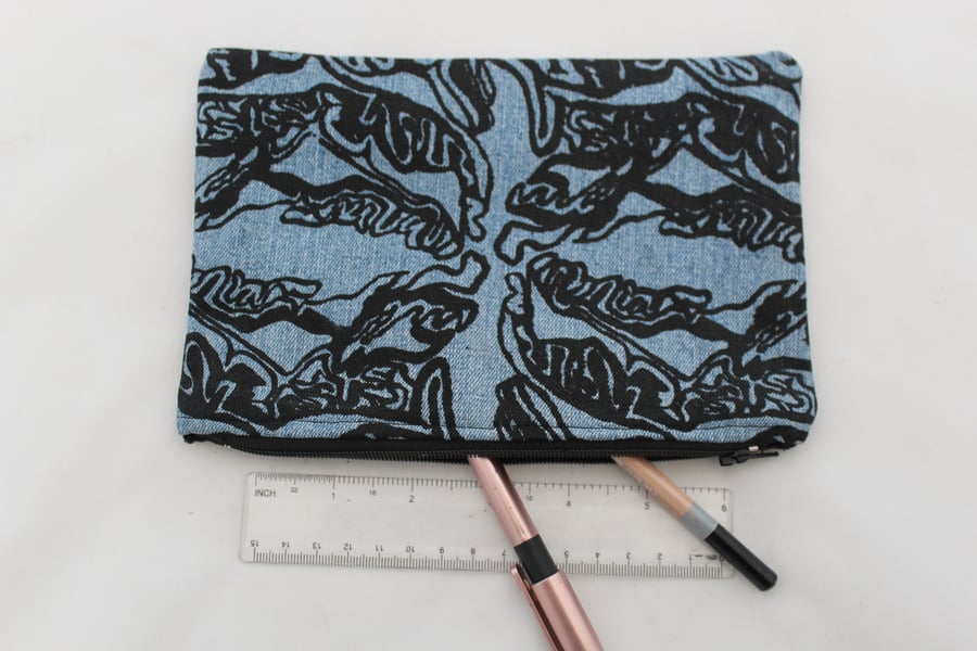 Zip up blue denim abstract handprint, make up bag, pouch, pencil case, cosmetic 