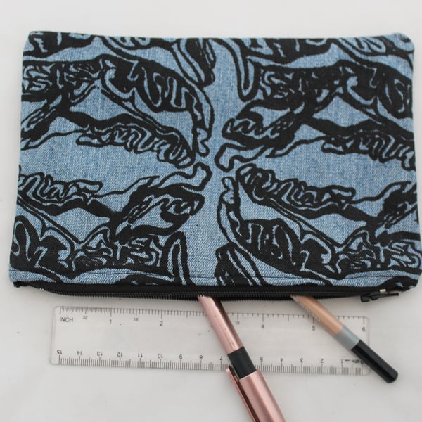 Zip up blue denim abstract handprint, make up bag, pouch, pencil case, cosmetic 