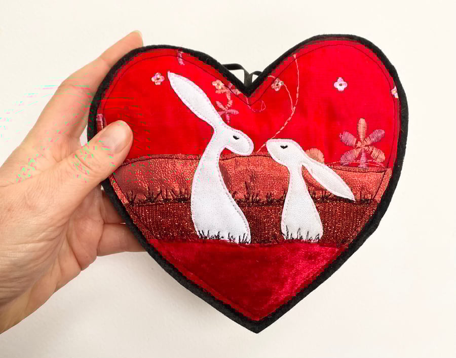 Upcycled embroidered Valentines heart and hares home decoration. 