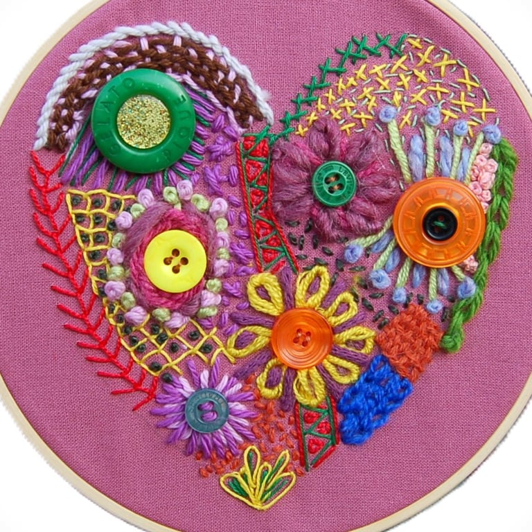 Colourful Embroidered Heart Hoop Art
