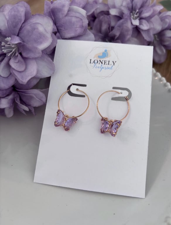 Purple Crystal Butterfly Hoop Earrings, Charm Earrings, Handmade Jewellery 