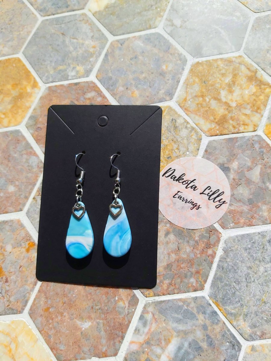 Light Blue and White, teardrop polymer clay earrings