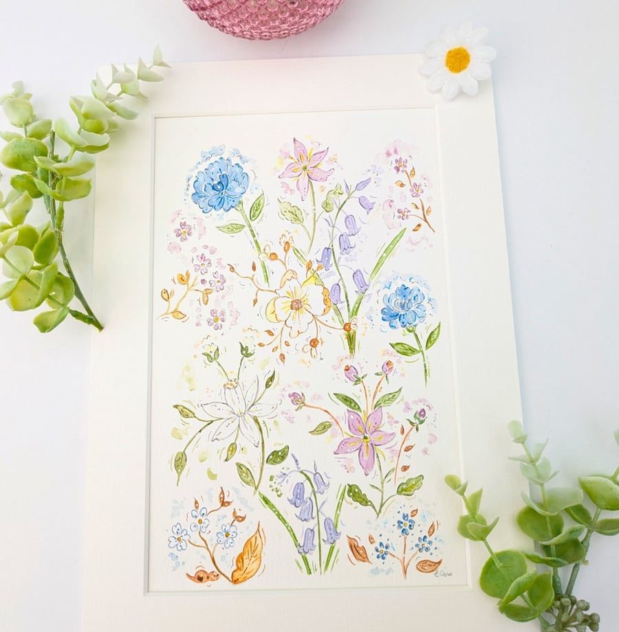 Blue Floral original watercolour painting A4 mounted 
