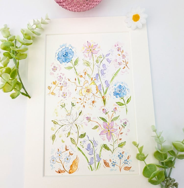 Blue Floral original watercolour painting A4 mounted 