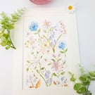 Blue Floral original watercolour painting A4 mounted 